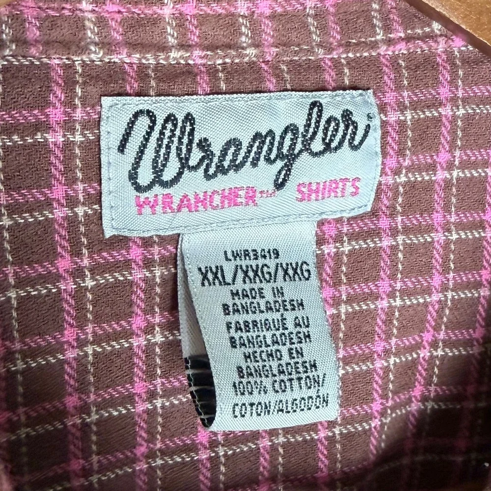 Wrangler Wrancher Pearl Snap Flannel Long Sleeve Shirt Brown Pink Plaid Soft XXL - Picture 6 of 6